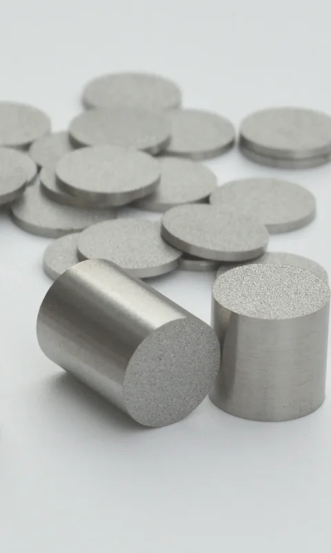 Macro view of sintered porous metal discs and cylinders for petrochemical filtration