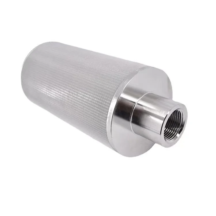 Non-pleated sintered wire-mesh element with a bonded cylindrical woven-metal structure.