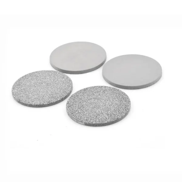 Sintered stainless steel porous discs showing different pore structures and surface textures