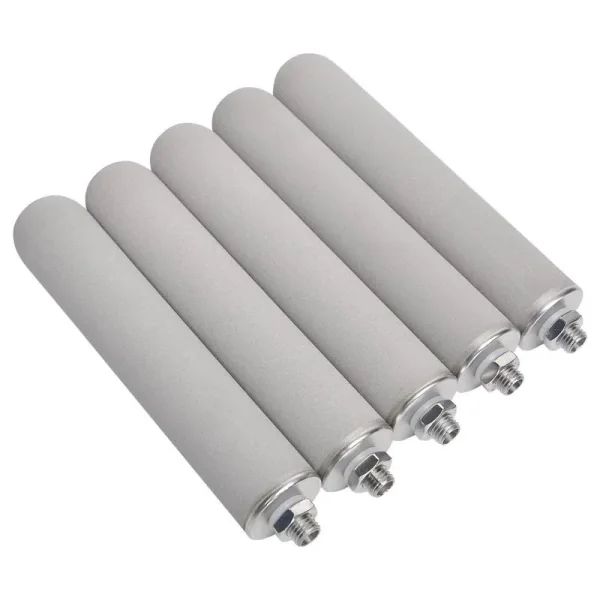 SS and titanium sintered powder filter cartridges, five pieces arranged in a row