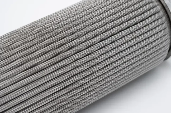 Close-up of stainless steel woven mesh filter element for pharma and food applications
