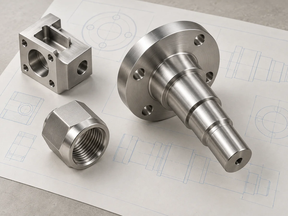 Illustrative render of titanium machined shaft, fitting and milled component over a conceptual drawing
