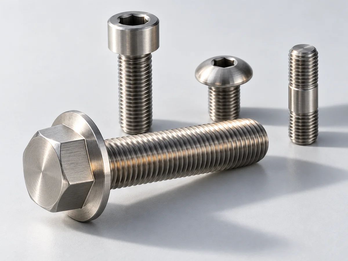Illustrative render of titanium flange bolt, socket screw, button head screw and stud